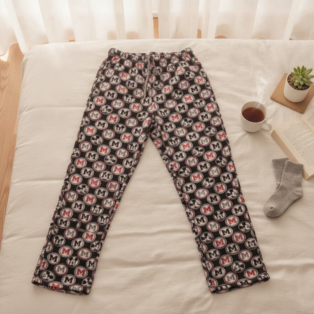 Disney Mickey Mouse Fleece Sports Logo Style Pajama Pants Black Red Womens Small